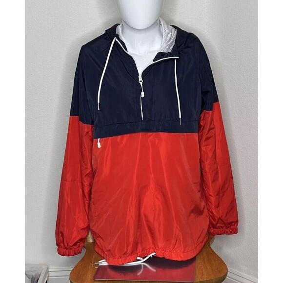 Divided Hooded Mens Red Blue Windbreaker Medium Long Sleeve Zip pullover Pocket - Picture 1 of 7